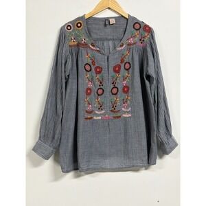 ANU Women Blue White Striped Floral Embroidered Cotton Boho Blouse